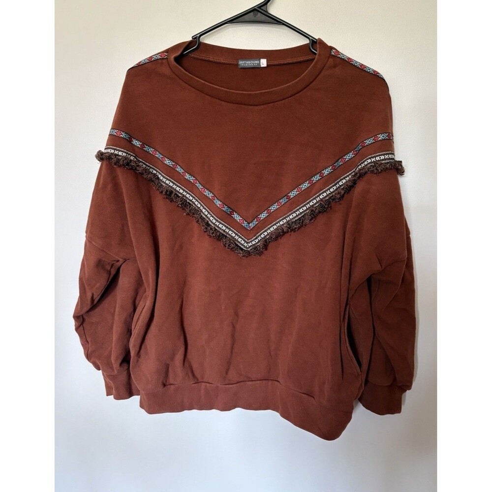 Earthbound Trading Co. Sweatshirt, Women’s Large, Brown Boho Western Fringe